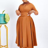 Women High Neck Elegant Beading African Dress