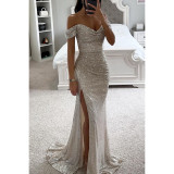 Women Sequin Off Shoulder Slit Dress