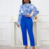 Women Print Lace-Up Long Sleeve Top and High Waist Suit Casual Two-piece Set