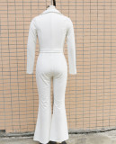 Women Turndown Collar Long Sleeve Bell-Bottom Jumpsuit