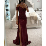 Women Sequin Off Shoulder Slit Dress
