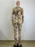 Women Autumn and Winter Leopard Backless Hooded Jumpsuit