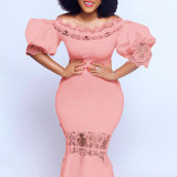 Women Off Shoulder Puff Sleeve Lace Patchwork Formal Party Mermaid Dress