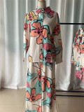 Chic Women's Plus Size Print Career Shirt High Waist Wide Leg Pants Two Piece Set
