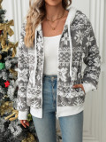 Women's Autumn And Winter Hooded Cardigan Christmas Style Printed Fleece Jacket