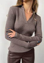 Autumn And Winter Turndown Collar V-Neck Knitting Sweater Chic Career Slim Ribbed Basic Pullover Top For Women