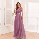 Patchwork Elastic Waist Sleeveless Double V Neck Evening Gown with Embroidered Tulle Elegant Long Swing Party Dress