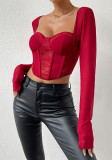 Street Fashionable Autumn And Winter Clothing Sexy Lacemesh Fishbone Slim Square Neck Long-Sleeved Top