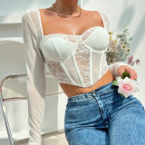 Street Fashionable Autumn And Winter Clothing Sexy Lacemesh Fishbone Slim Square Neck Long-Sleeved Top