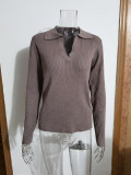 Autumn And Winter Turndown Collar V-Neck Knitting Sweater Chic Career Slim Ribbed Basic Pullover Top For Women