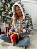 Women's Autumn And Winter Hooded Cardigan Christmas Style Printed Fleece Jacket