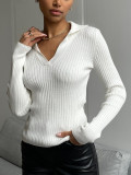 Autumn And Winter Turndown Collar V-Neck Knitting Sweater Chic Career Slim Ribbed Basic Pullover Top For Women