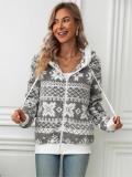 Women's Autumn And Winter Hooded Cardigan Christmas Style Printed Fleece Jacket