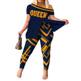 Women's Casual Fashion Graphic Print Slit Short Sleeve Top Pants Two Piece Set
