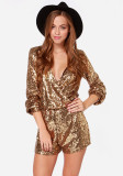 Women's Deep V Slim Waist Long Sleeve Bodycon Sexy Sequin Nightclub Jumspuit