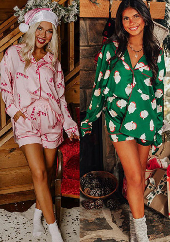 Santa Claus Print Two Piece Lounge Satin Pajamas Set