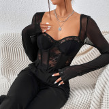 Street Fashionable Autumn And Winter Clothing Sexy Lacemesh Fishbone Slim Square Neck Long-Sleeved Top