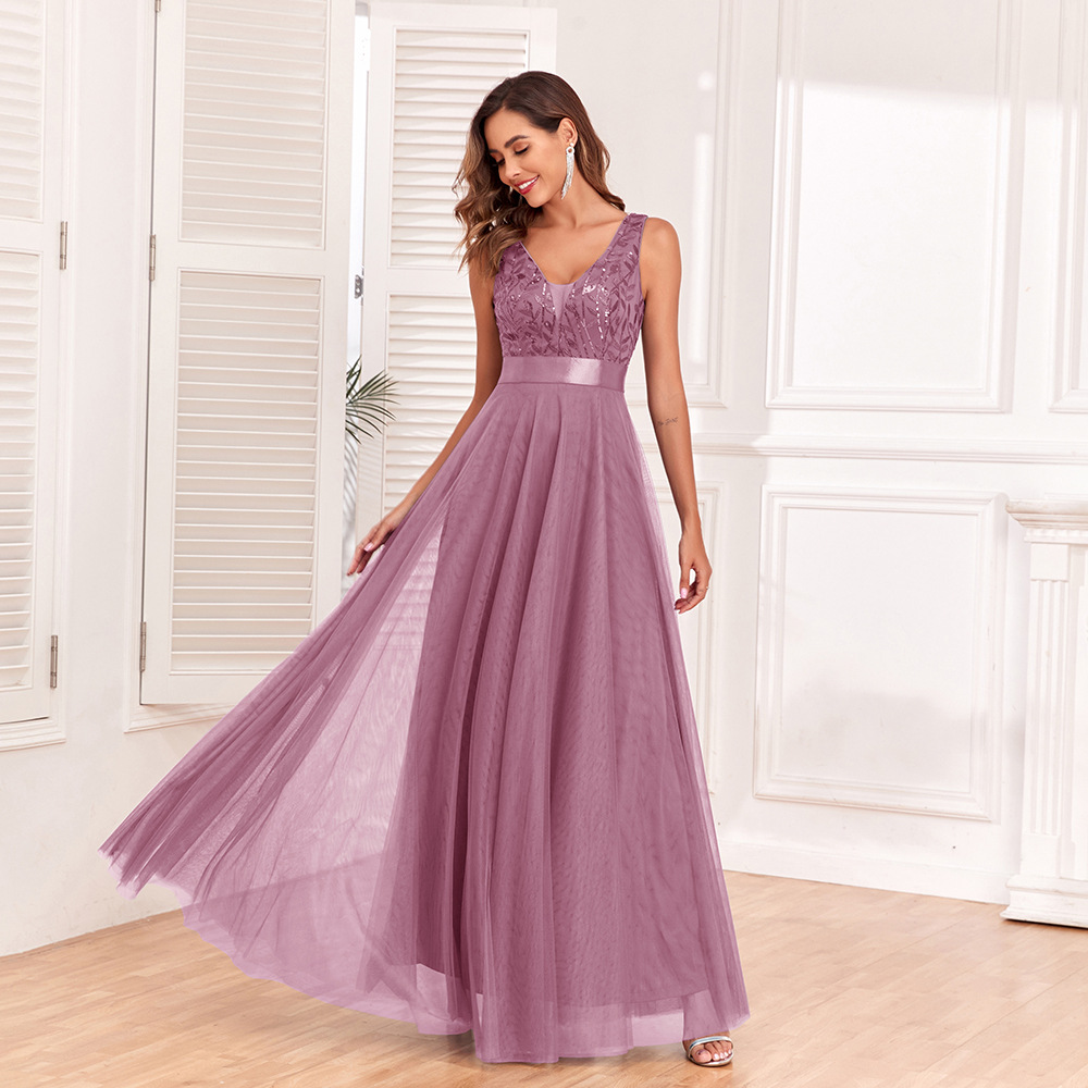 Patchwork Elastic Waist Sleeveless Double V Neck Evening Gown with Embroidered Tulle Elegant Long Swing Party Dress