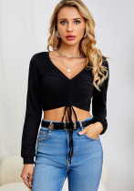 Women's Autumn Short Drawstring Sexy Solid Color Top Casual Romantic Fashion Long Sleeve V-Neck T-Shirt Women's Autumn Short Drawstring Sexy Solid Color Top Casual Romantic Fashion Long Sleeve V-Neck T-Shirt