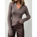 Autumn And Winter Turndown Collar V-Neck Knitting Sweater Chic Career Slim Ribbed Basic Pullover Top For Women