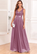 Patchwork Elastic Waist Sleeveless Double V Neck Evening Gown with Embroidered Tulle Elegant Long Swing Party Dress