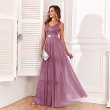 Patchwork Elastic Waist Sleeveless Double V Neck Evening Gown with Embroidered Tulle Elegant Long Swing Party Dress