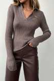 Autumn And Winter Turndown Collar V-Neck Knitting Sweater Chic Career Slim Ribbed Basic Pullover Top For Women