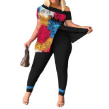 Women's Casual Fashion Graphic Print Slit Short Sleeve Top Pants Two Piece Set