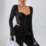 Street Fashionable Autumn And Winter Clothing Sexy Lacemesh Fishbone Slim Square Neck Long-Sleeved Top