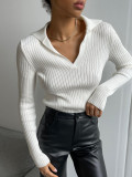 Autumn And Winter Turndown Collar V-Neck Knitting Sweater Chic Career Slim Ribbed Basic Pullover Top For Women