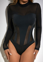 Women's Mesh Patchwork Tight Fitting See-Through Sexy Bodysuit