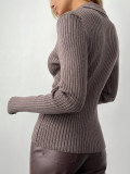 Autumn And Winter Turndown Collar V-Neck Knitting Sweater Chic Career Slim Ribbed Basic Pullover Top For Women