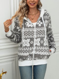 Women's Autumn And Winter Hooded Cardigan Christmas Style Printed Fleece Jacket