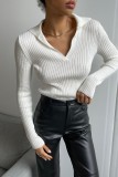 Autumn And Winter Turndown Collar V-Neck Knitting Sweater Chic Career Slim Ribbed Basic Pullover Top For Women
