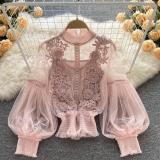 Women Flowers See-Through Mesh Lantern Sleeves lace crop Top