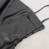 Women Sexy Pu Leather Backless Lace-Up Slit Maxi Dress