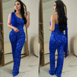 Women Solid Sleeveless One Shoulder Sequin Jumpsuit