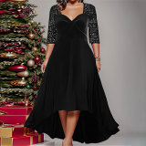 Plus Size Women Solid V Neck Long Sleeve Sequins Maxi Dress