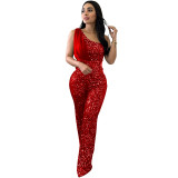 Women Solid Sleeveless One Shoulder Sequin Jumpsuit