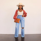Women Ripped Denim Washed Wide Leg Straight Pants
