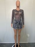 Women Mesh Bodysuit and Print Skirt two-piece set