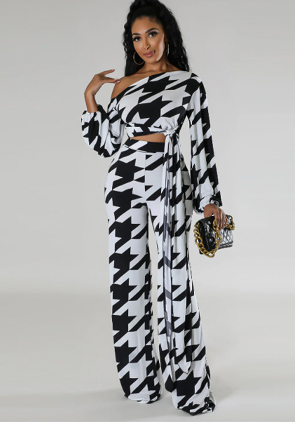Women Printed Plaid Lace-Up Slash Shoulder Top and Pant Two-piece Set