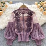 Women Flowers See-Through Mesh Lantern Sleeves lace crop Top