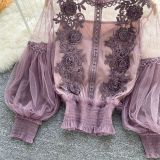 Women Flowers See-Through Mesh Lantern Sleeves lace crop Top