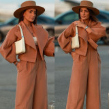 Autumn Long Solid Color Turndown Collar Slim Waist Slim Fit Two Piece Blazer Pants Set Chic Career Suit