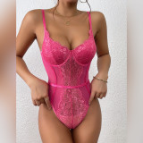 Autumn Lace See-Through Deep V Low Back Slim Fit Sexy Straps Bodysuit