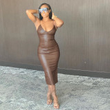 Women sexy Strap v-neck slit pu Leather Midi Dress