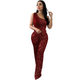 Women Solid Sleeveless One Shoulder Sequin Jumpsuit