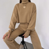 Women Casual High Neck Loose Long Sleeve Top and Pant Two-piece Set