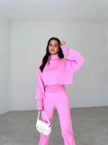 Women Casual High Neck Loose Long Sleeve Top and Pant Two-piece Set